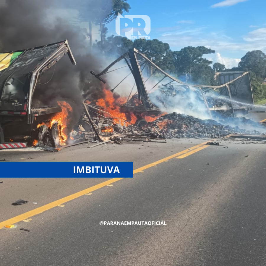 Colisão frontal entre caminhões deixa dois mortos e um ferido na BR-373, em Imbituva